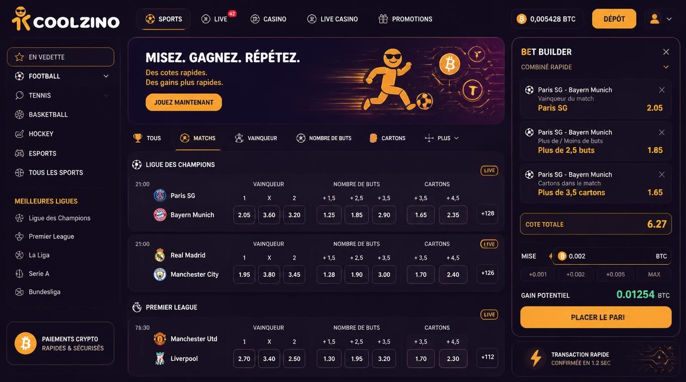 Un visuel montrant un ticket Bet Builder combinant vainqueur, buts et cartons dans un match, ambiance moderne et crypto