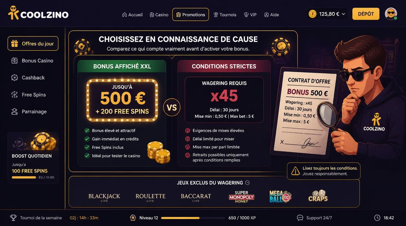 Comparaison entre un bonus attrayant en apparence et ses conditions réelles + jeux exclus