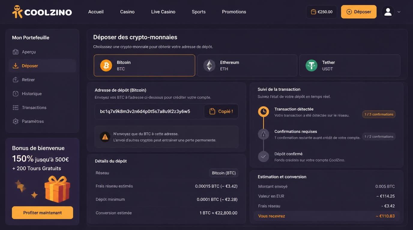 Image montrant un wallet, une interface de dépôt crypto avec confirmations, frais réseau et conversion