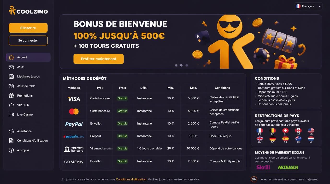 Bannière bonus, tableau des méthodes de dépôt avec éligibilité, restrictions visibles