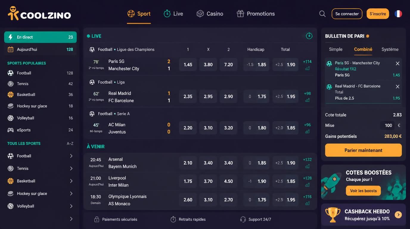 interface de paris sportifs avec live, handicaps, totaux bien visibles