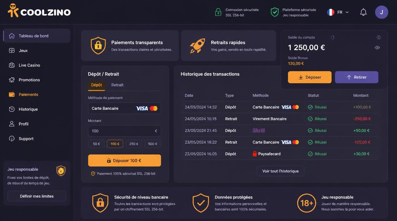 Interface montrant transactions et sécurité des fonds